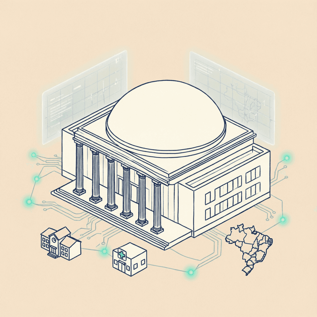 Ilustração isométrica de prédio público governamental conectado a dados, escolas, unidades de saúde e ao mapa do Brasil